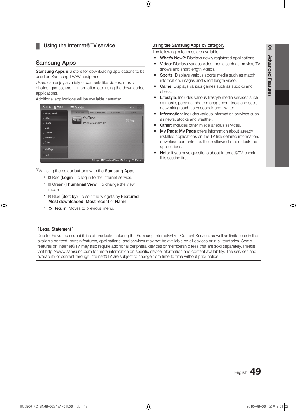 Samsung apps, Using the internet@tv service | Samsung UE55C6900VS User Manual | Page 49 / 374