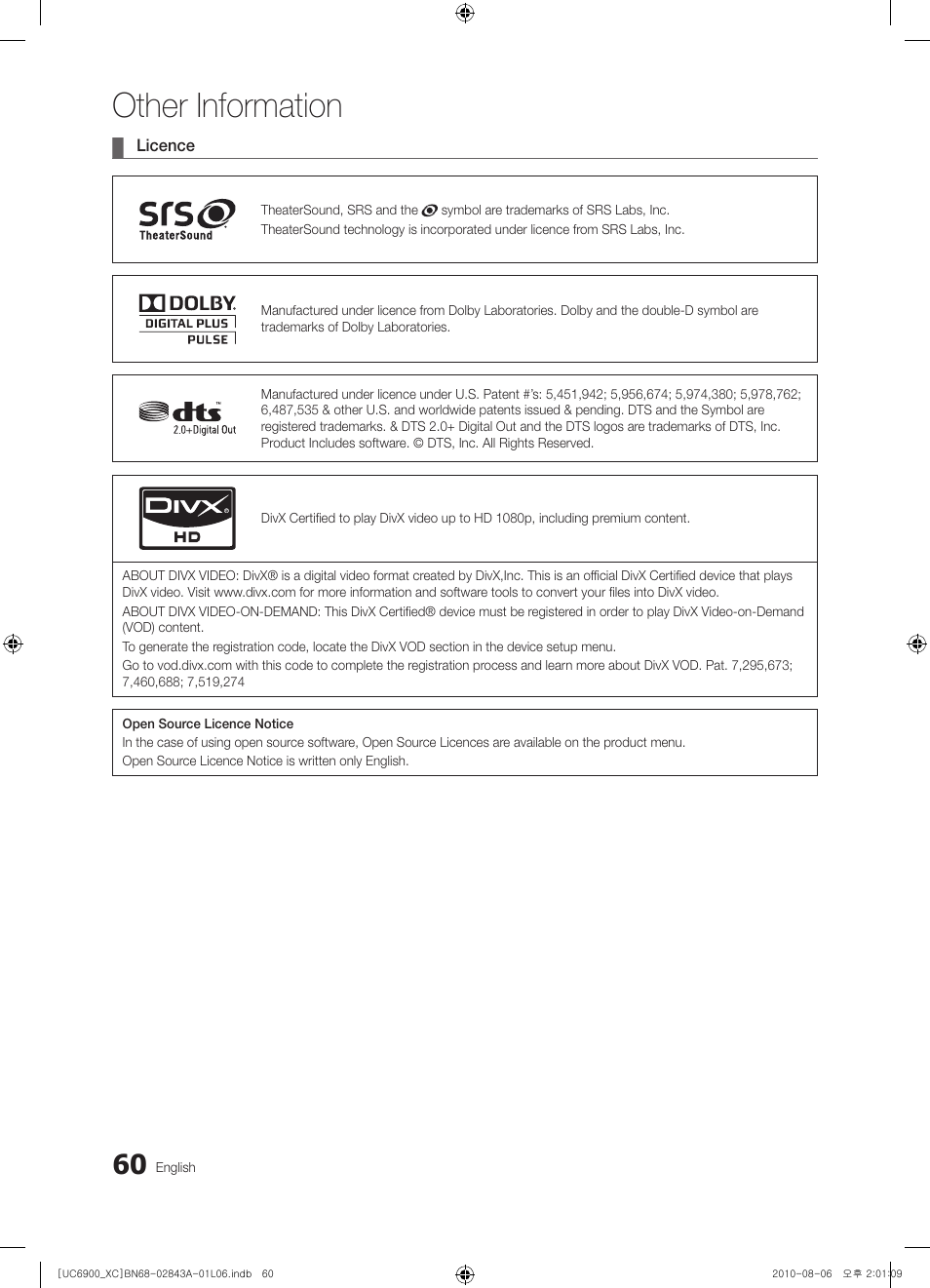 Other information | Samsung UE55C6900VS User Manual | Page 60 / 374