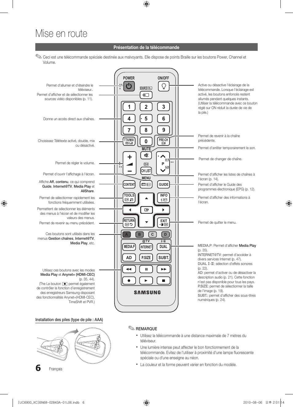 Mise en route | Samsung UE55C6900VS User Manual | Page 68 / 374