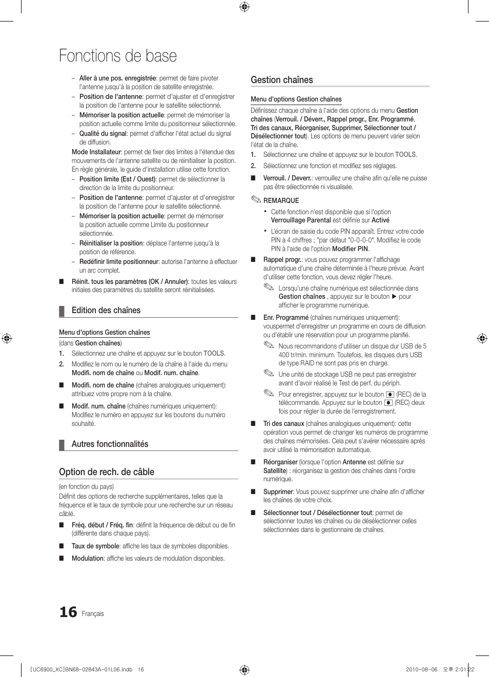 Fonctions de base, Option de rech. de câble, Gestion chaînes | Samsung UE55C6900VS User Manual | Page 78 / 374