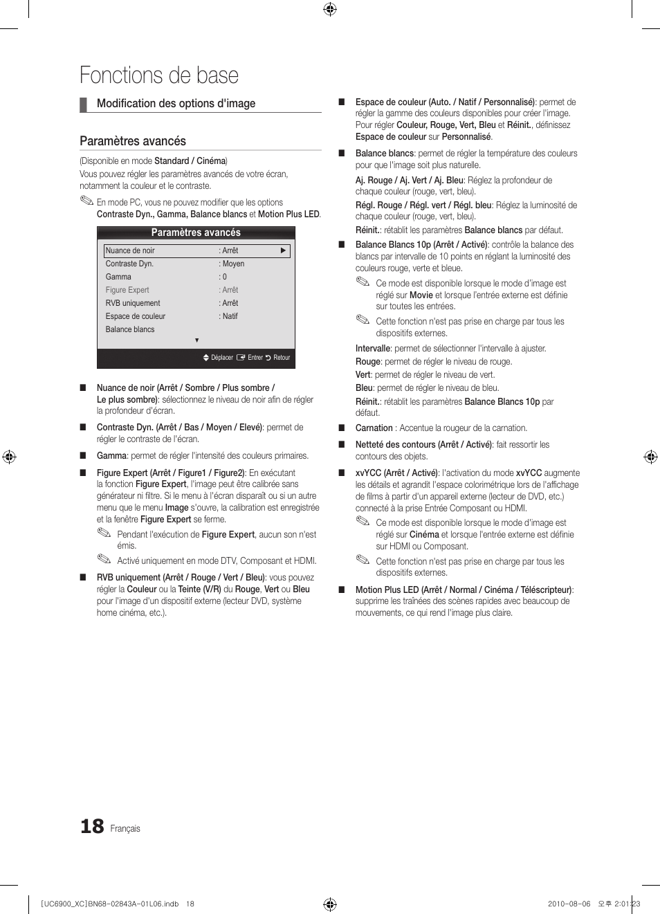 Fonctions de base, Paramètres avancés | Samsung UE55C6900VS User Manual | Page 80 / 374