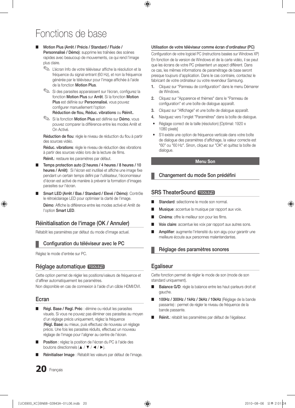 Fonctions de base, Réinitialisation de l'image (ok / annuler), Réglage automatique | Ecran, Srs theatersound, Egaliseur | Samsung UE55C6900VS User Manual | Page 82 / 374