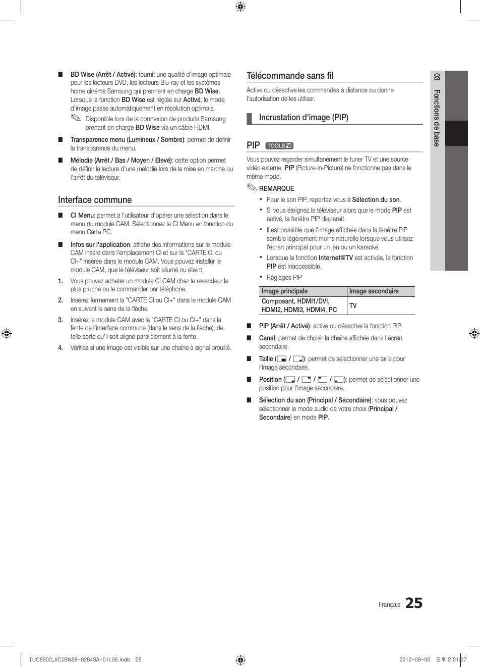 Interface commune, Télécommande sans fil | Samsung UE55C6900VS User Manual | Page 87 / 374