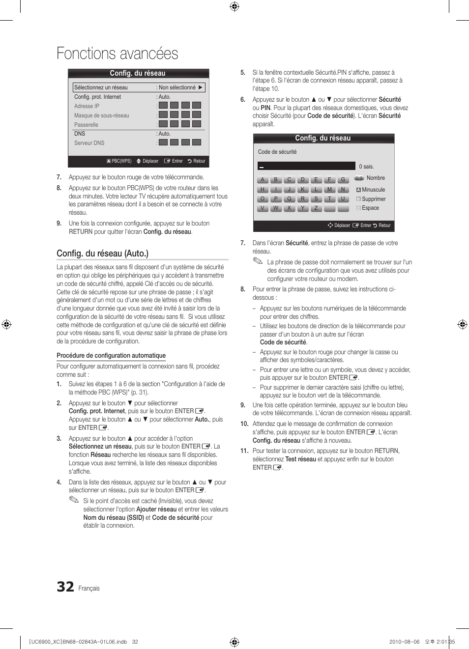 Fonctions avancées, Config. du réseau (auto.) | Samsung UE55C6900VS User Manual | Page 94 / 374