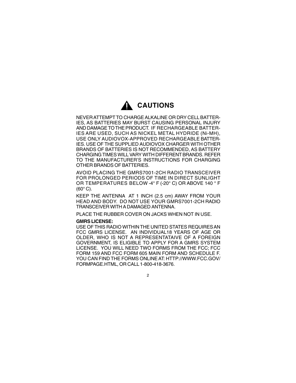 Cautions | Audiovox GMRS7001-2CH User Manual | Page 2 / 24