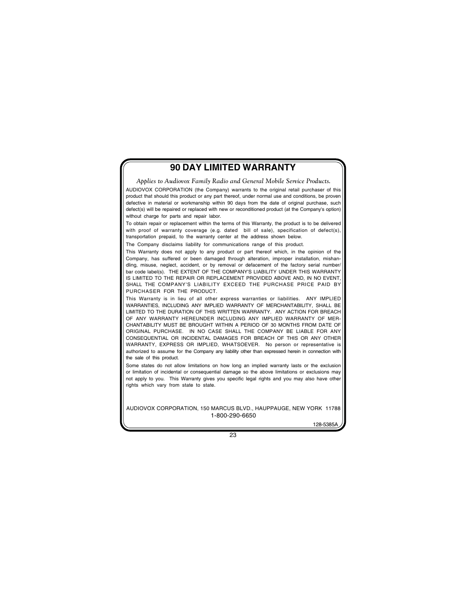90 day limited warranty | Audiovox GMRS7001-2CH User Manual | Page 23 / 24