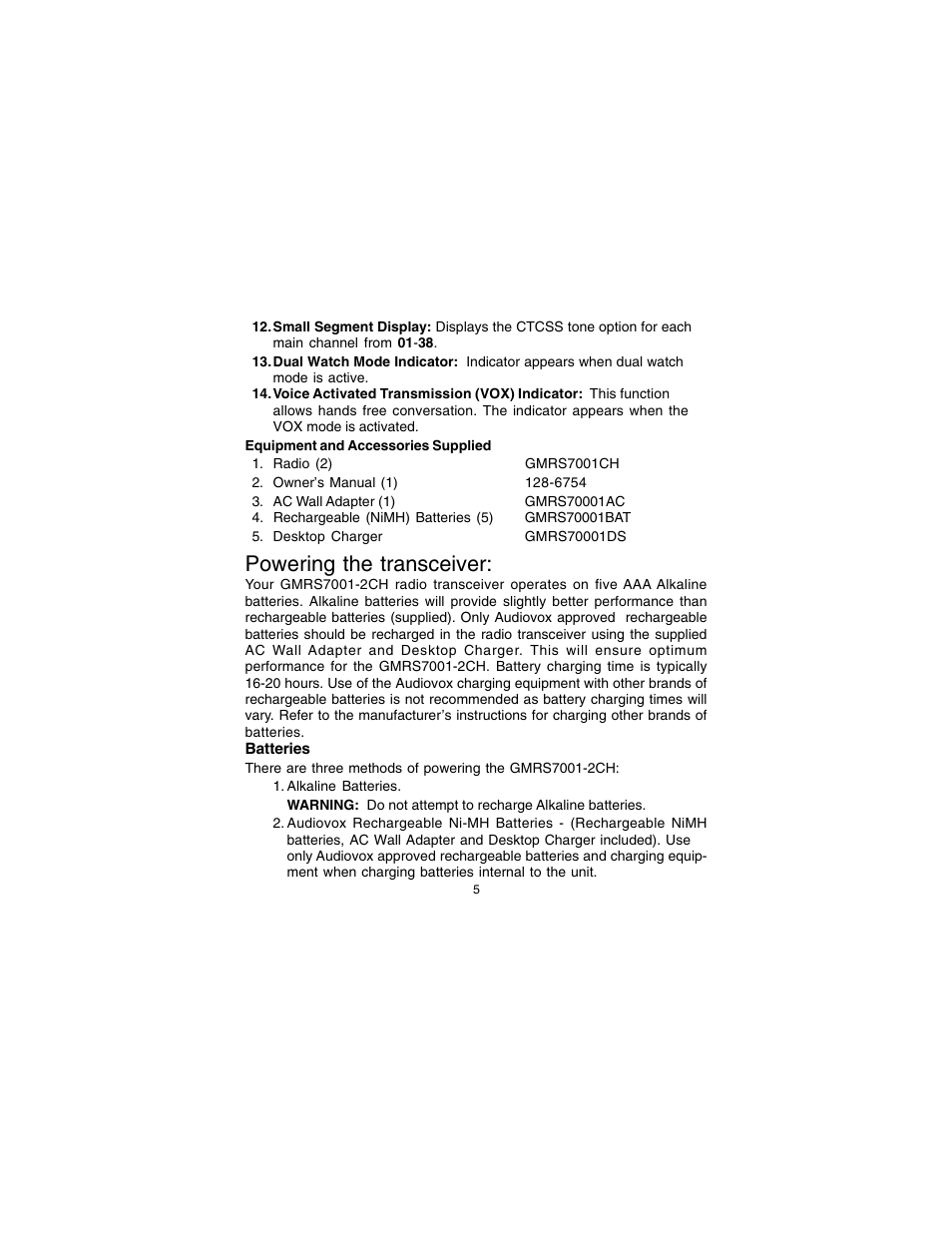 Powering the transceiver | Audiovox GMRS7001-2CH User Manual | Page 5 / 24