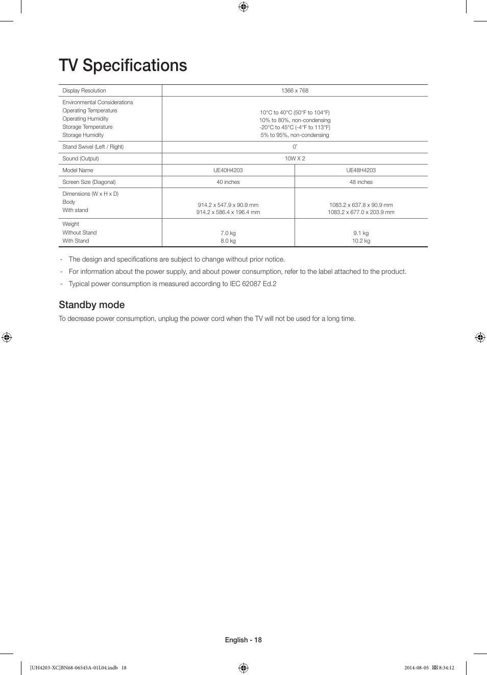 Tv specifications, Standby mode | Samsung UE48H4203AW User Manual | Page 18 / 74