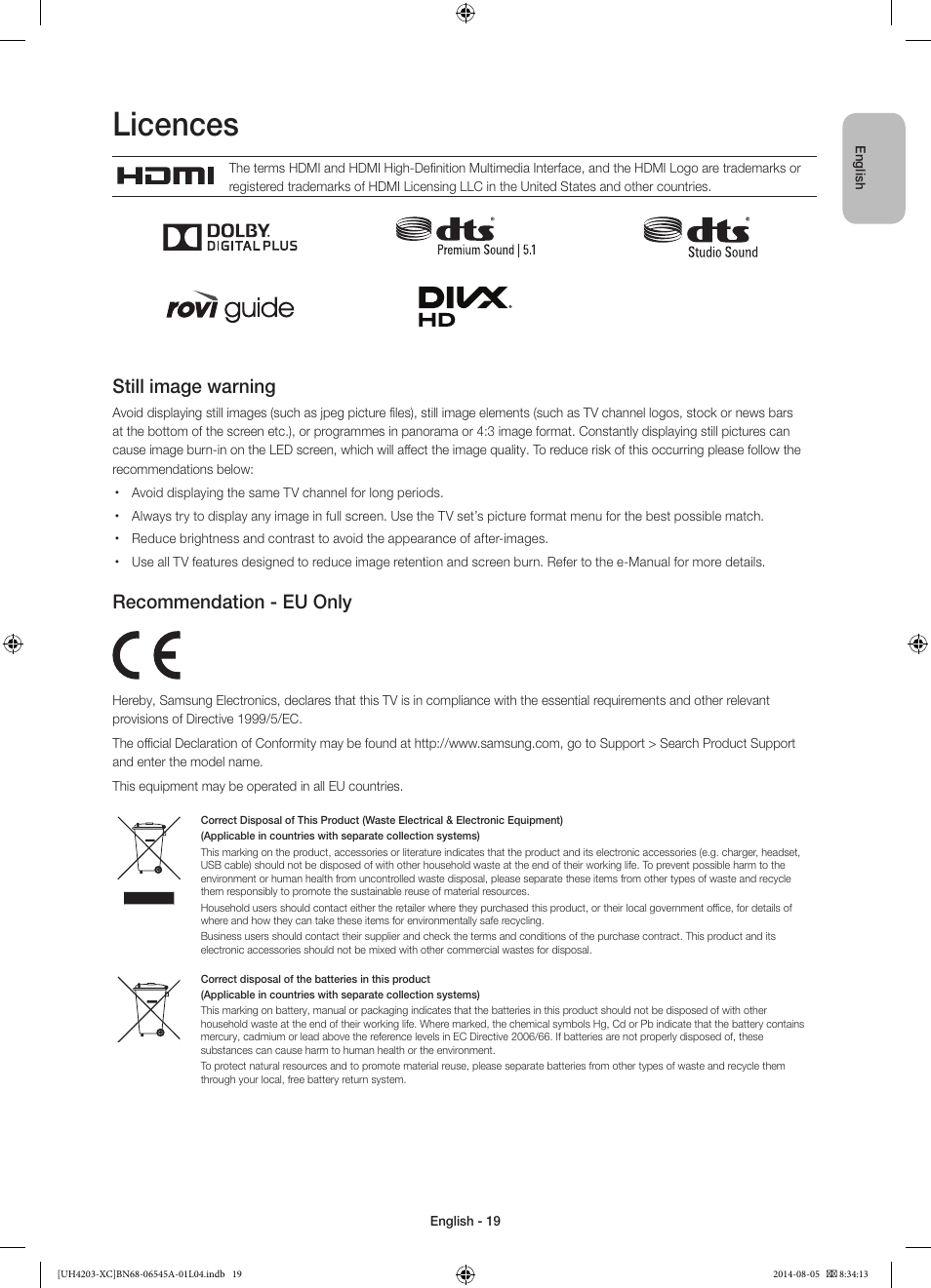 Licences, Still image warning, Recommendation - eu only | Samsung UE48H4203AW User Manual | Page 19 / 74