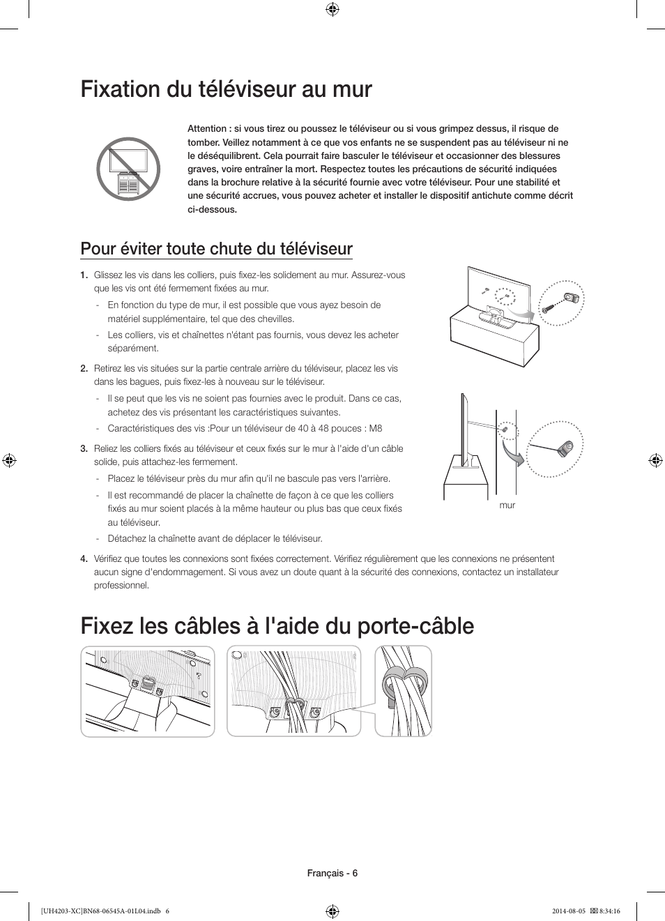 Fixation du téléviseur au mur, Fixez les câbles à l'aide du porte-câble, Pour éviter toute chute du téléviseur | Samsung UE48H4203AW User Manual | Page 24 / 74