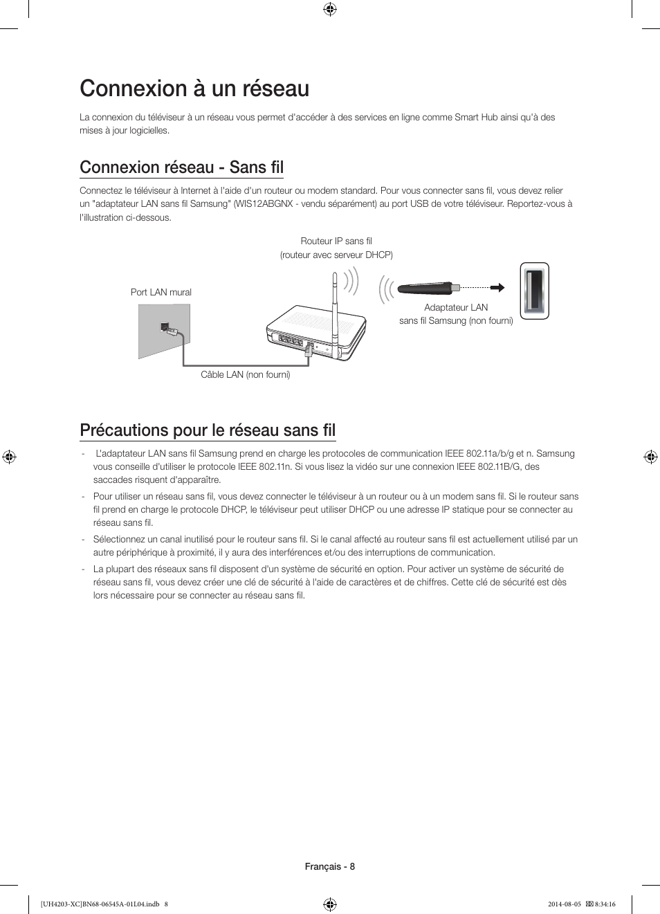 Connexion à un réseau, Connexion réseau - sans fil, Précautions pour le réseau sans fil | Samsung UE48H4203AW User Manual | Page 26 / 74