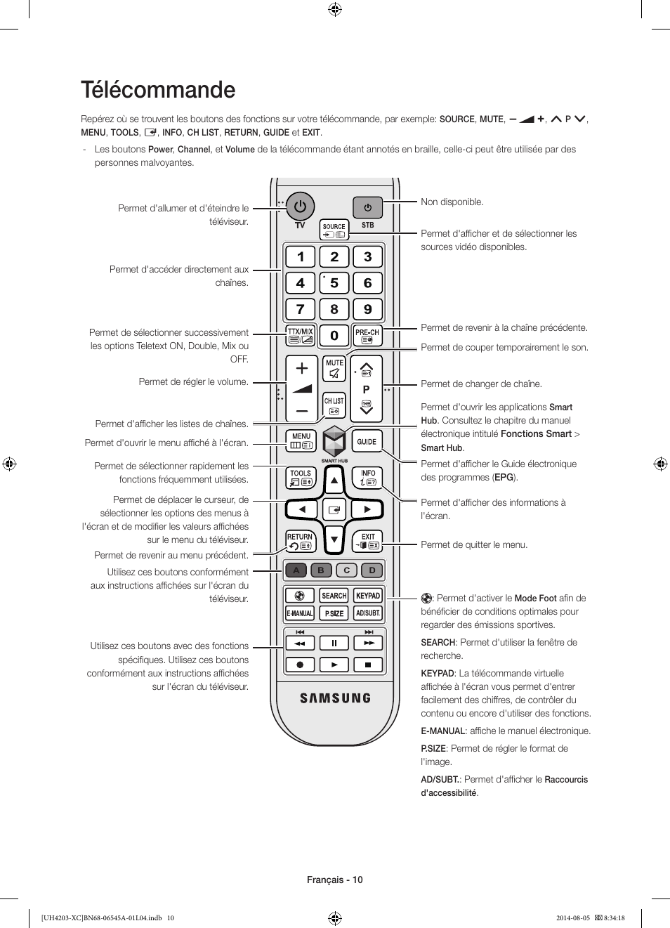 Télécommande | Samsung UE48H4203AW User Manual | Page 28 / 74
