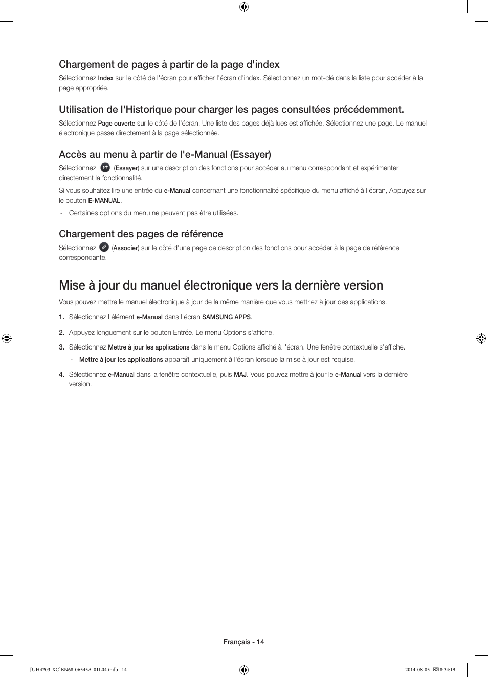 Chargement de pages à partir de la page d'index, Accès au menu à partir de l'e-manual (essayer), Chargement des pages de référence | Samsung UE48H4203AW User Manual | Page 32 / 74