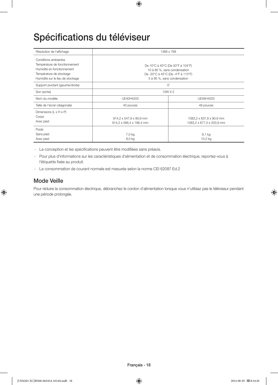 Spécifications du téléviseur, Mode veille | Samsung UE48H4203AW User Manual | Page 36 / 74