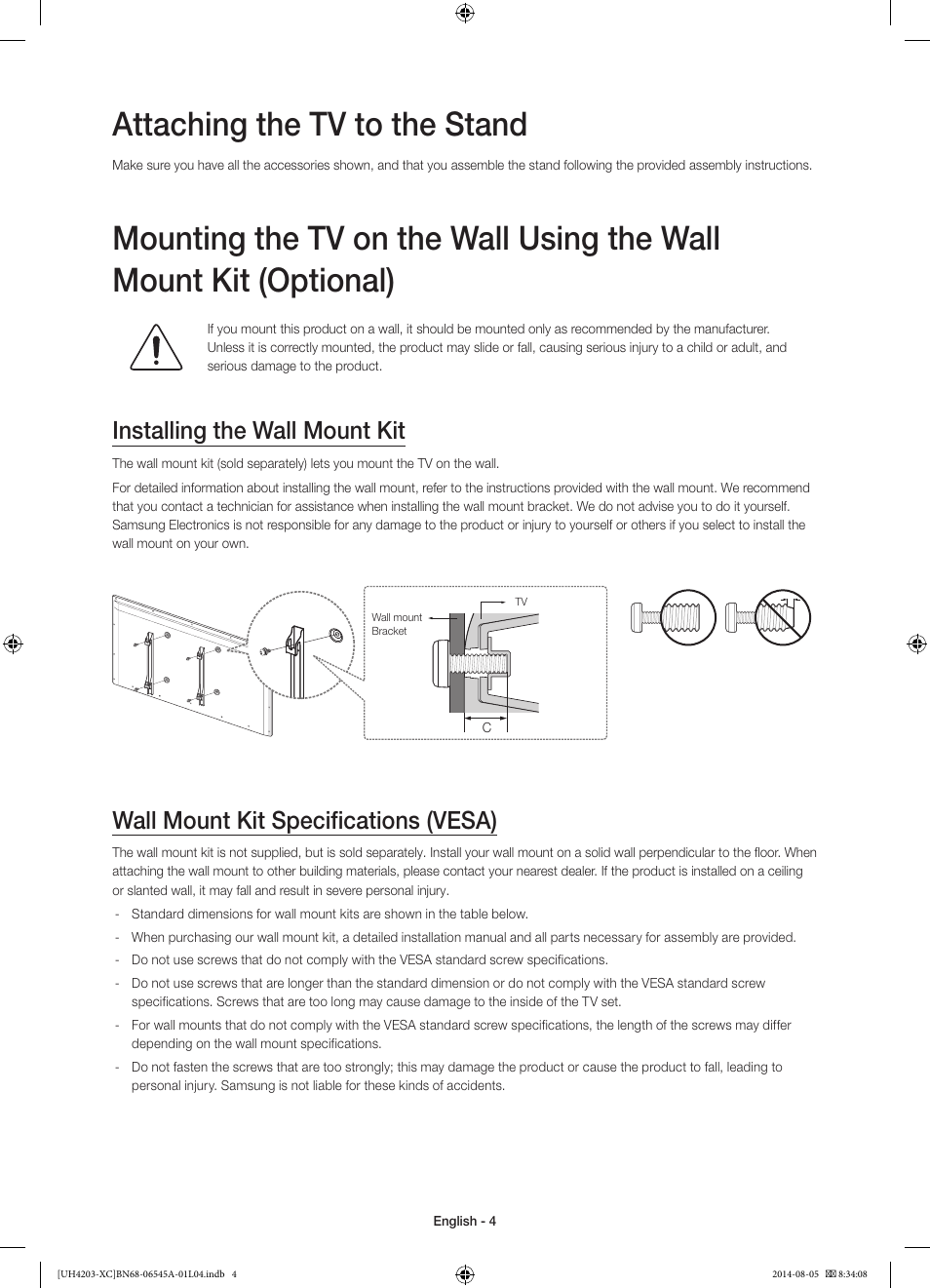 Attaching the tv to the stand, Installing the wall mount kit, Wall mount kit specifications (vesa) | Samsung UE48H4203AW User Manual | Page 4 / 74