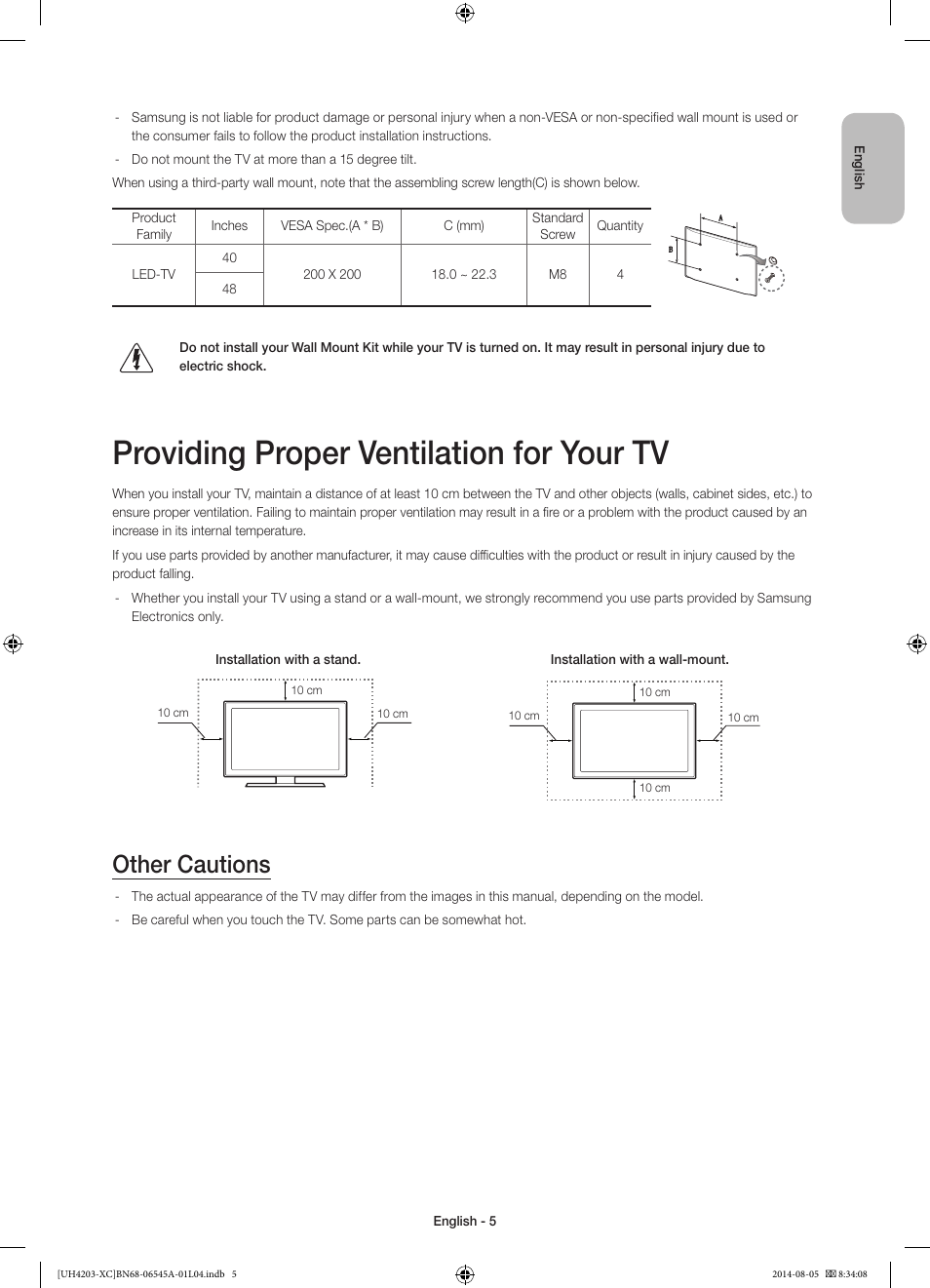 Providing proper ventilation for your tv, Other cautions | Samsung UE48H4203AW User Manual | Page 5 / 74