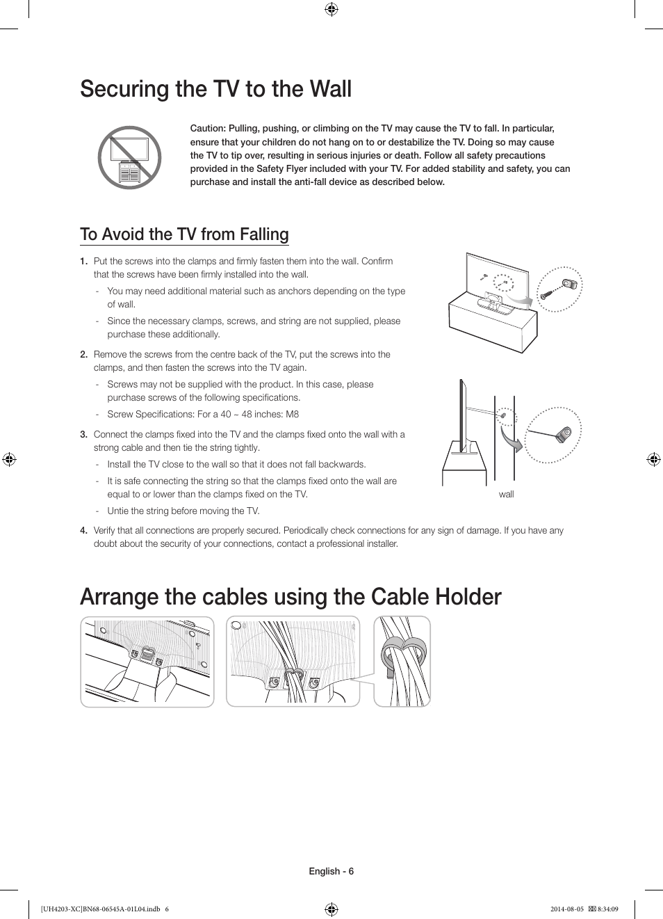 Securing the tv to the wall, Arrange the cables using the cable holder | Samsung UE48H4203AW User Manual | Page 6 / 74