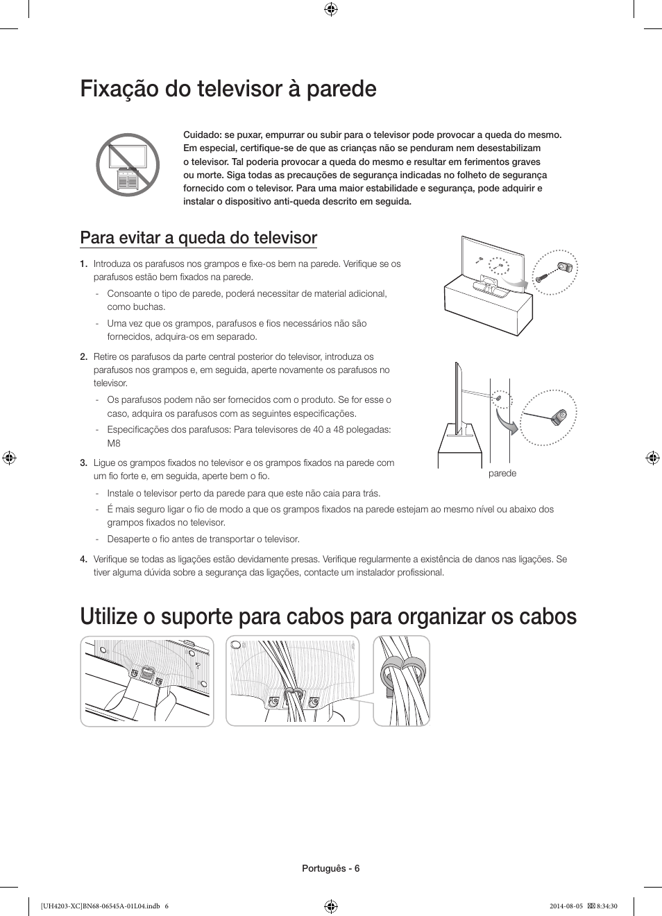 Fixação do televisor à parede, Para evitar a queda do televisor | Samsung UE48H4203AW User Manual | Page 60 / 74