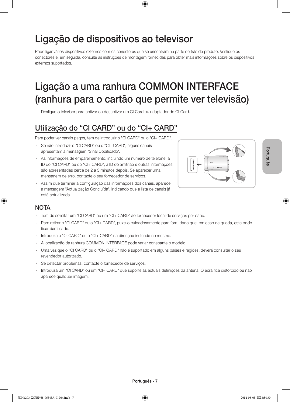 Ligação de dispositivos ao televisor, Utilização do “ci card” ou do “ci+ card, Nota | Samsung UE48H4203AW User Manual | Page 61 / 74