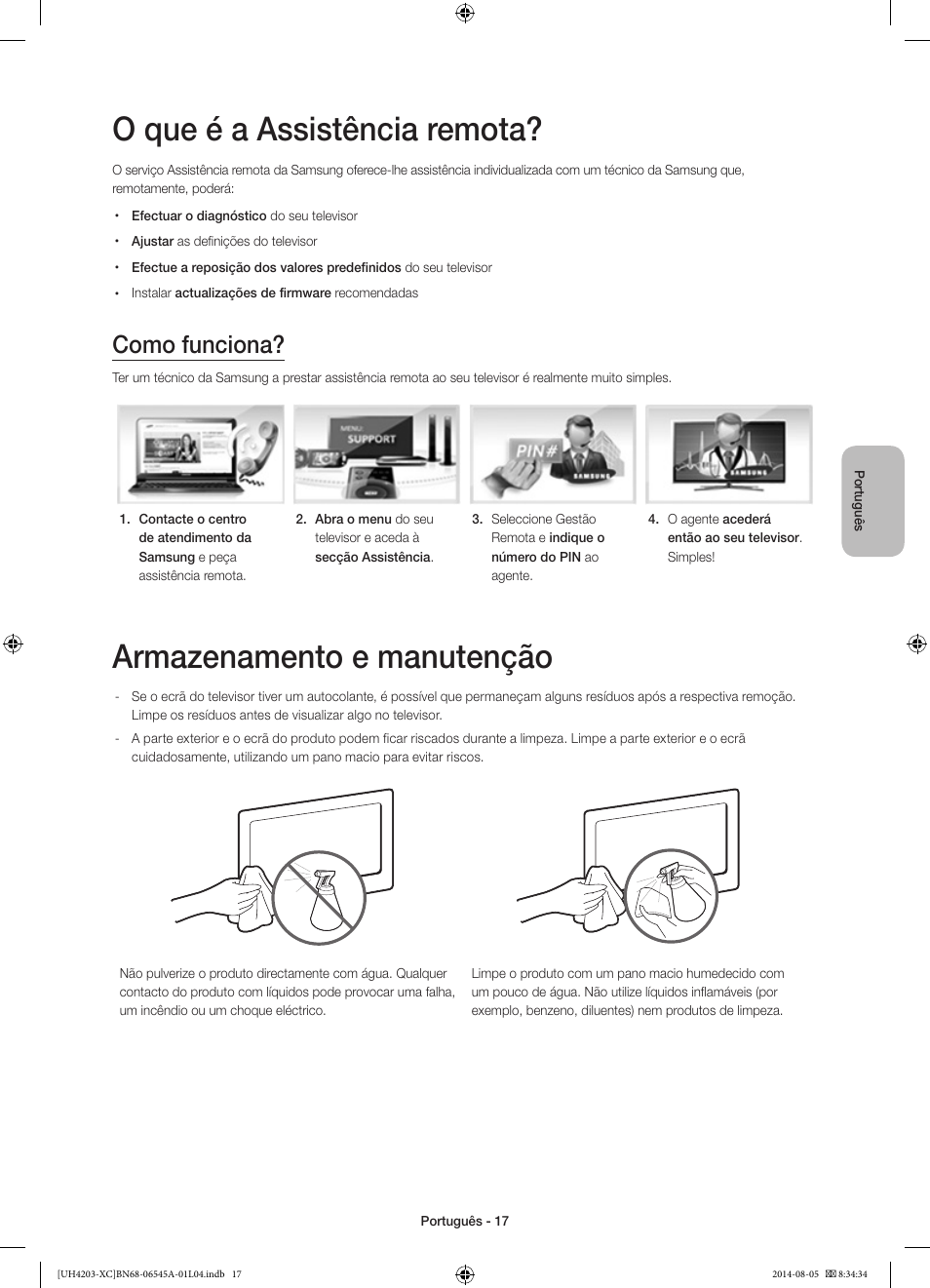 O que é a assistência remota, Armazenamento e manutenção, Como funciona | Samsung UE48H4203AW User Manual | Page 71 / 74