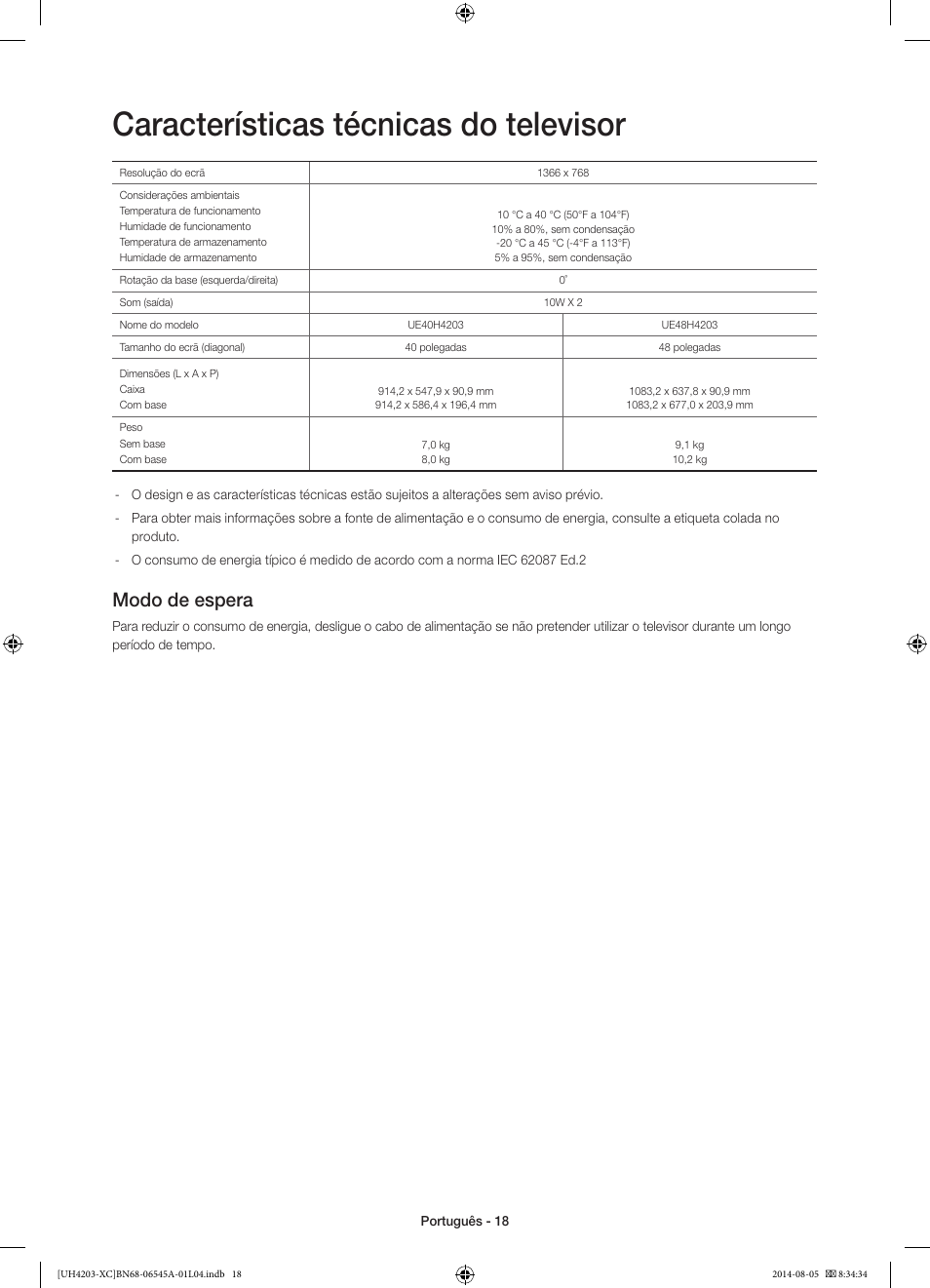 Características técnicas do televisor, Modo de espera | Samsung UE48H4203AW User Manual | Page 72 / 74