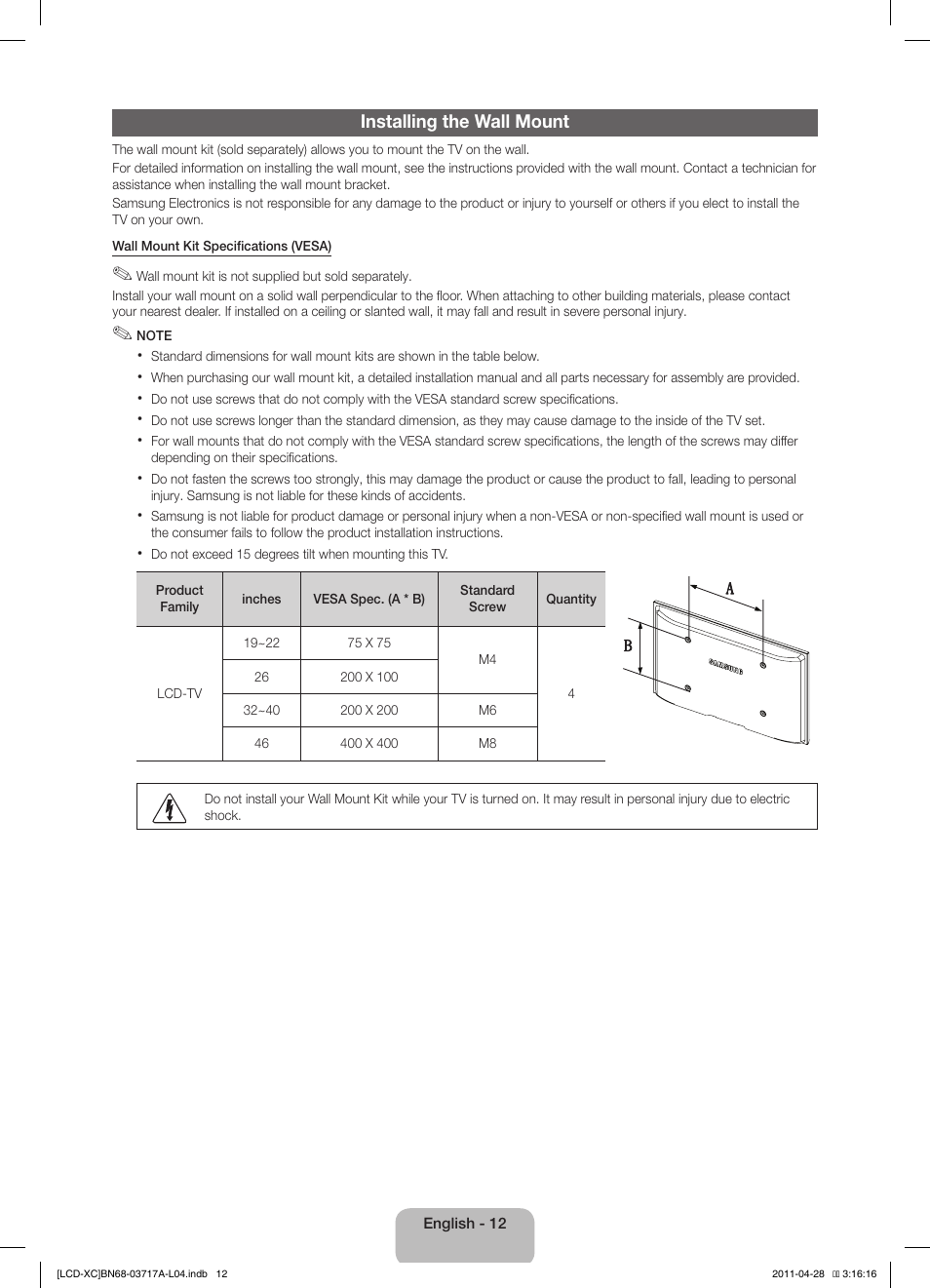 Installing the wall mount | Samsung LE32D400E1W User Manual | Page 12 / 57