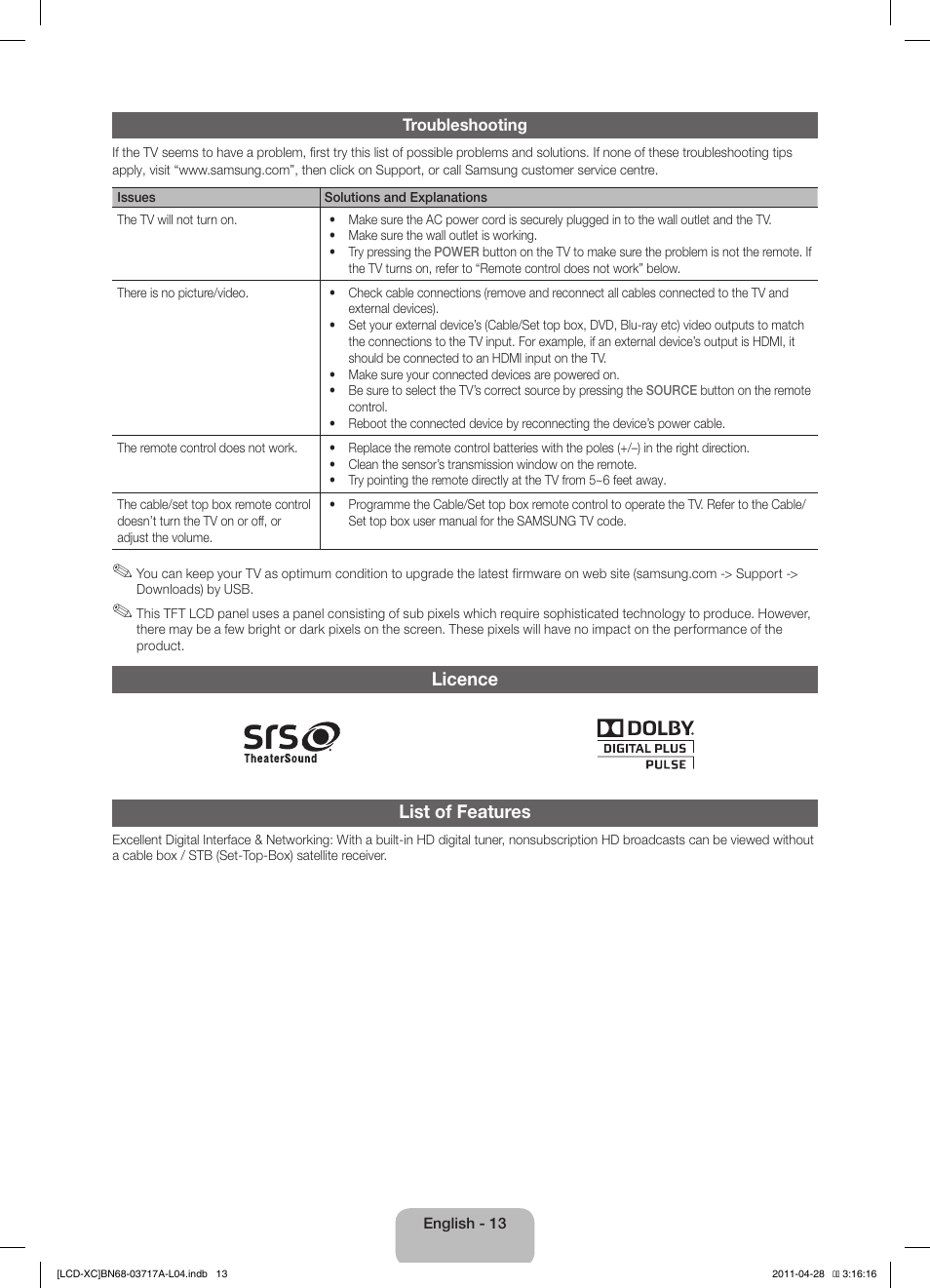 Licence list of features | Samsung LE32D400E1W User Manual | Page 13 / 57