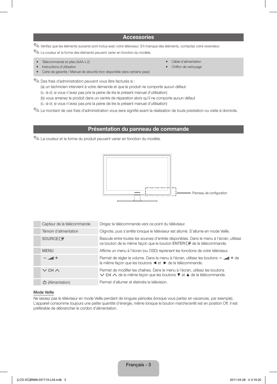 Accessories, Présentation du panneau de commande | Samsung LE32D400E1W User Manual | Page 17 / 57