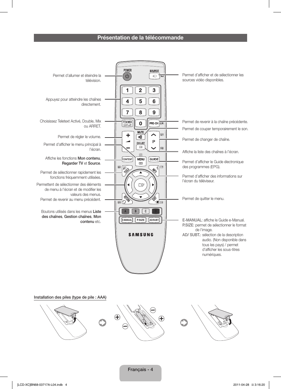 Présentation de la télécommande | Samsung LE32D400E1W User Manual | Page 18 / 57