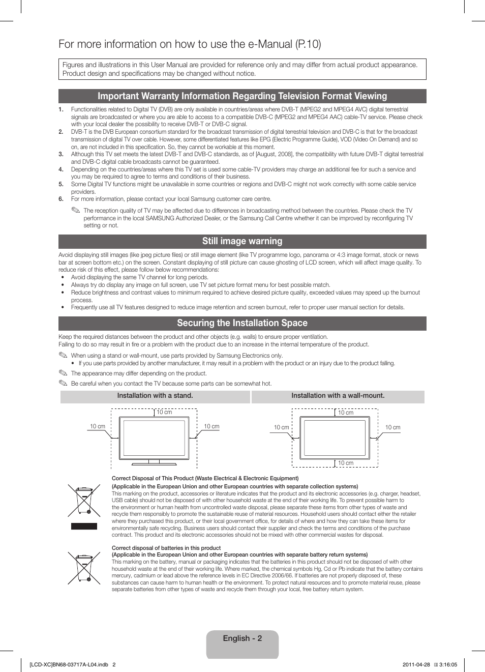 Still image warning, Securing the installation space | Samsung LE32D400E1W User Manual | Page 2 / 57