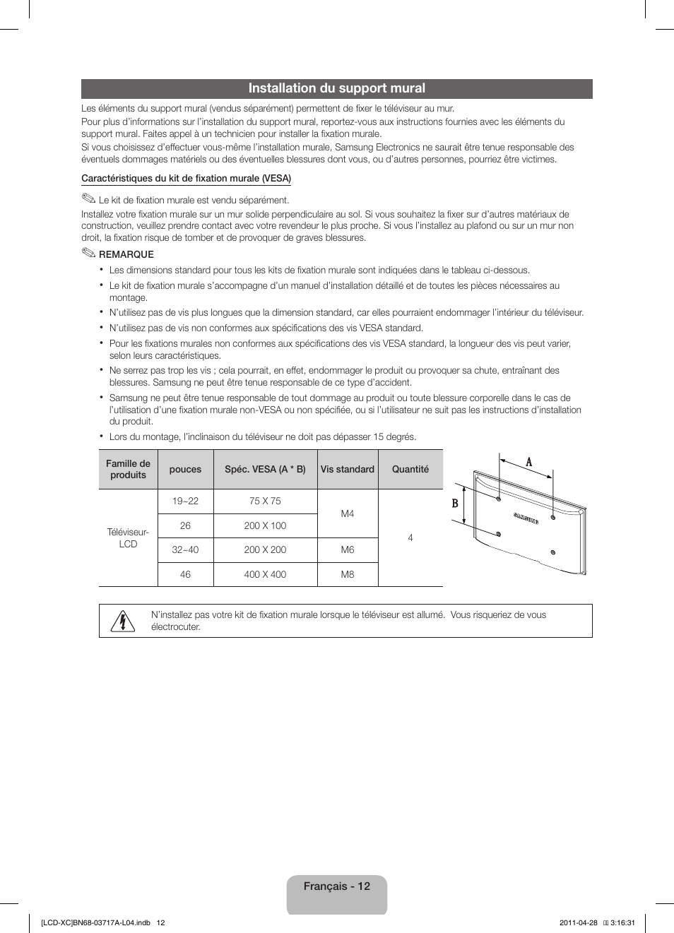 Installation du support mural | Samsung LE32D400E1W User Manual | Page 26 / 57