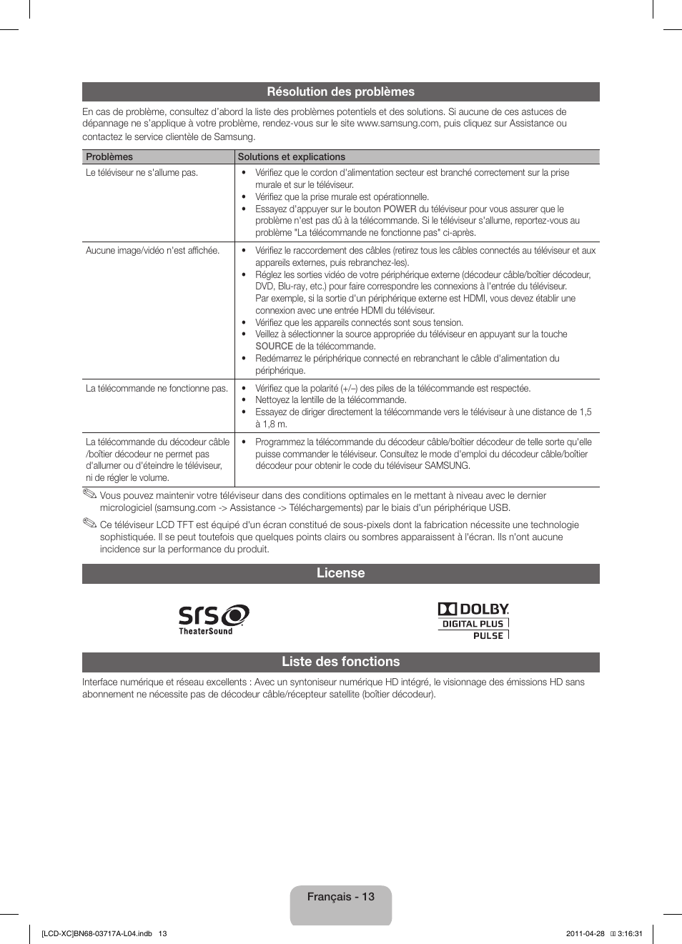 License liste des fonctions | Samsung LE32D400E1W User Manual | Page 27 / 57