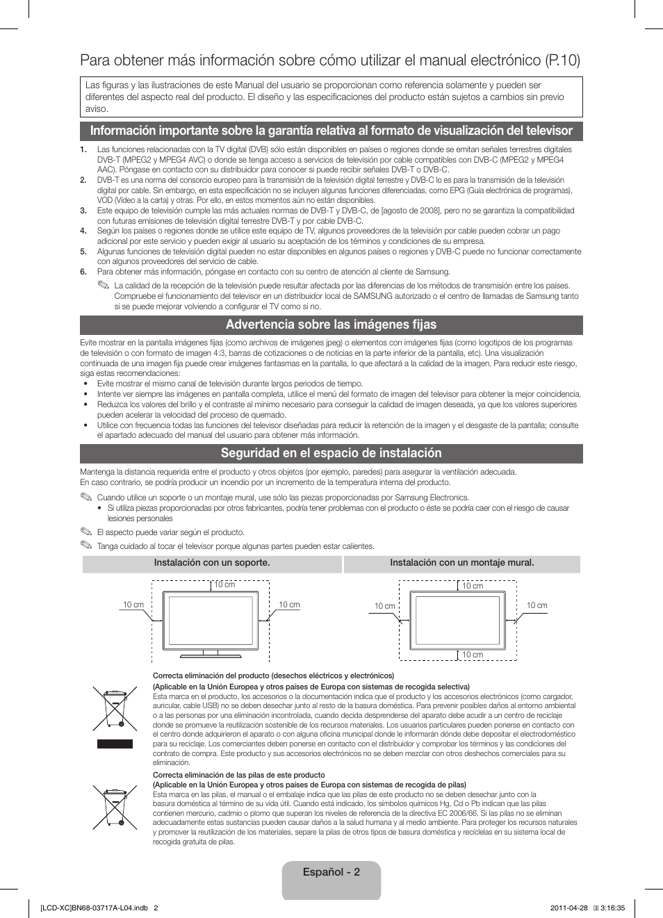 Advertencia sobre las imágenes fijas, Seguridad en el espacio de instalación | Samsung LE32D400E1W User Manual | Page 30 / 57