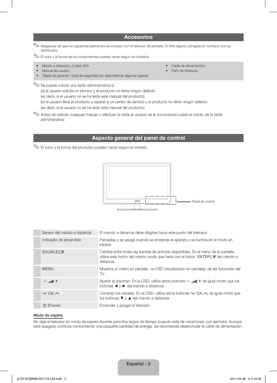 Accesorios, Aspecto general del panel de control | Samsung LE32D400E1W User Manual | Page 31 / 57