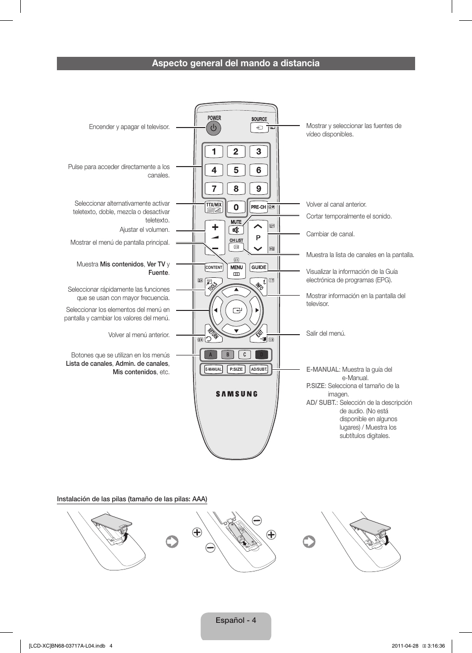 Aspecto general del mando a distancia | Samsung LE32D400E1W User Manual | Page 32 / 57