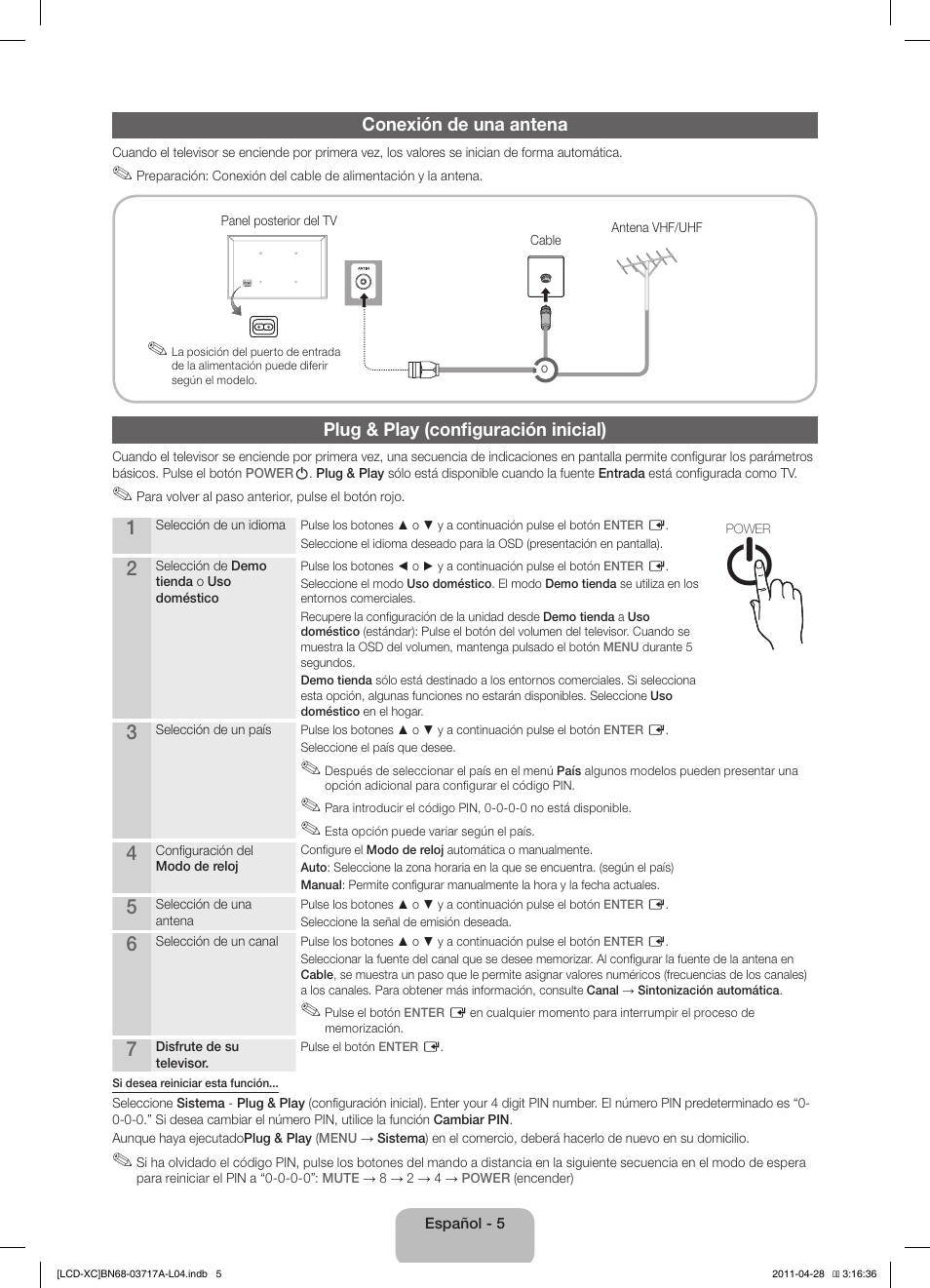 Conexión de una antena, Plug & play (configuración inicial) | Samsung LE32D400E1W User Manual | Page 33 / 57