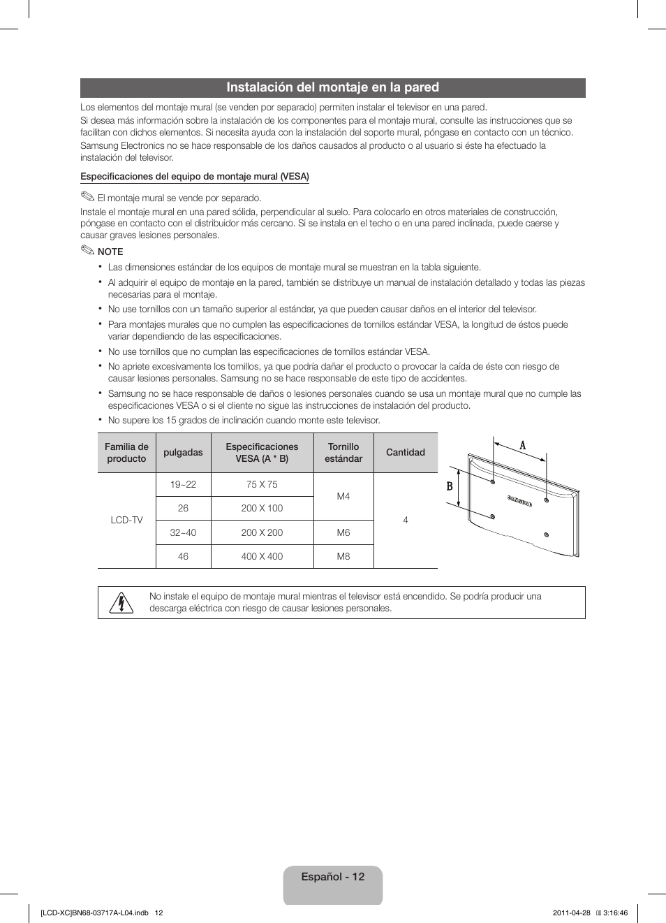 Instalación del montaje en la pared | Samsung LE32D400E1W User Manual | Page 40 / 57