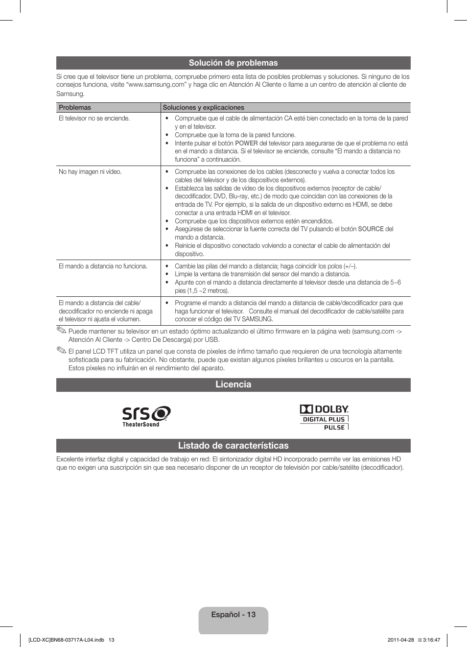 Licencia listado de características | Samsung LE32D400E1W User Manual | Page 41 / 57