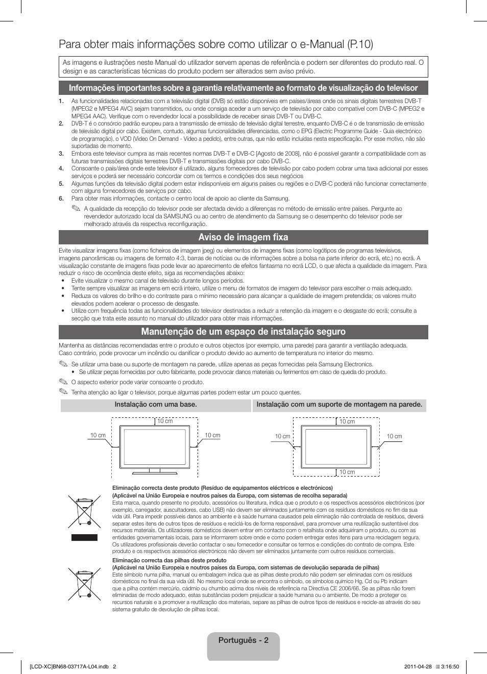 Aviso de imagem fixa, Manutenção de um espaço de instalação seguro | Samsung LE32D400E1W User Manual | Page 44 / 57