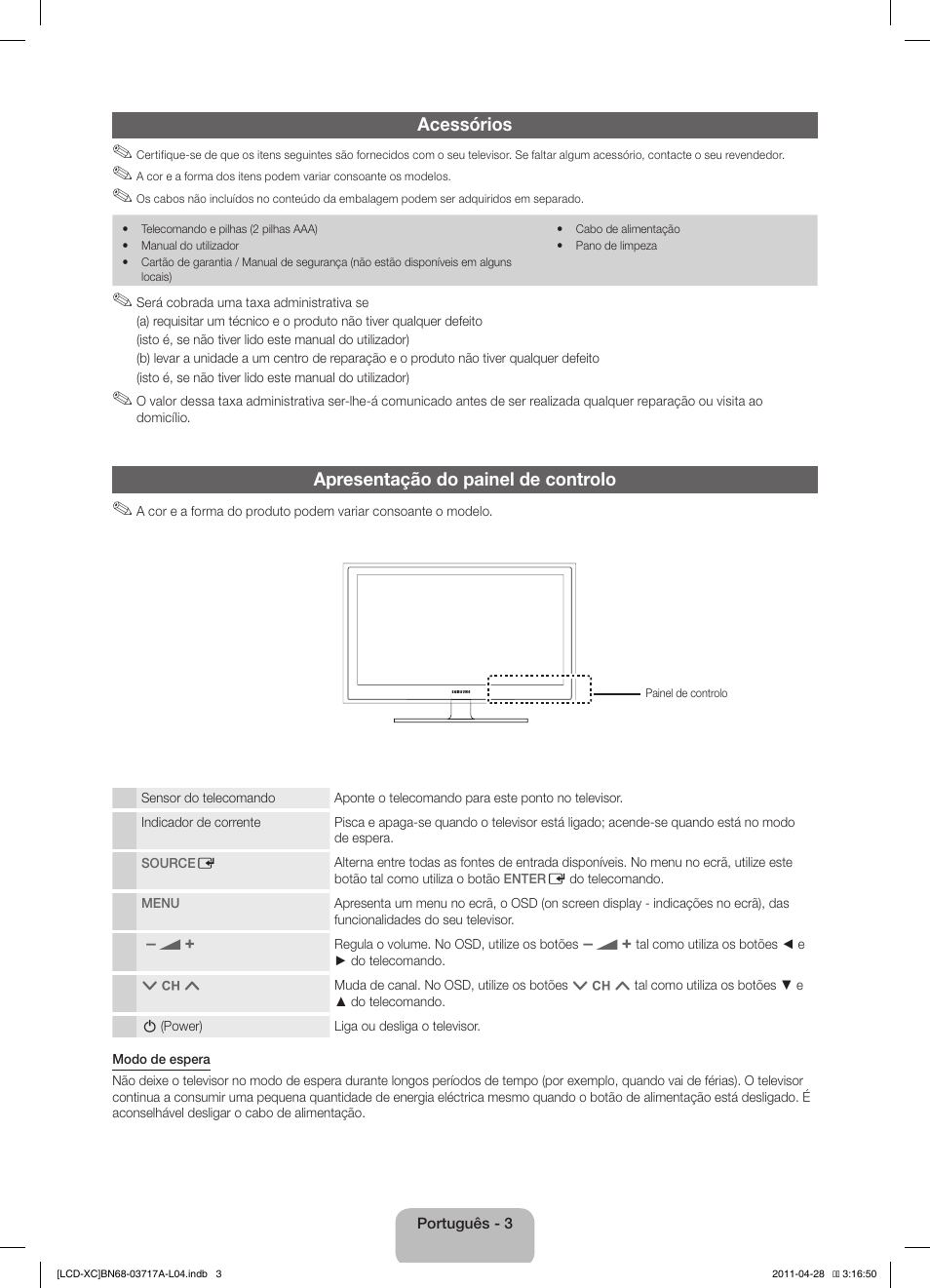 Acessórios, Apresentação do painel de controlo | Samsung LE32D400E1W User Manual | Page 45 / 57