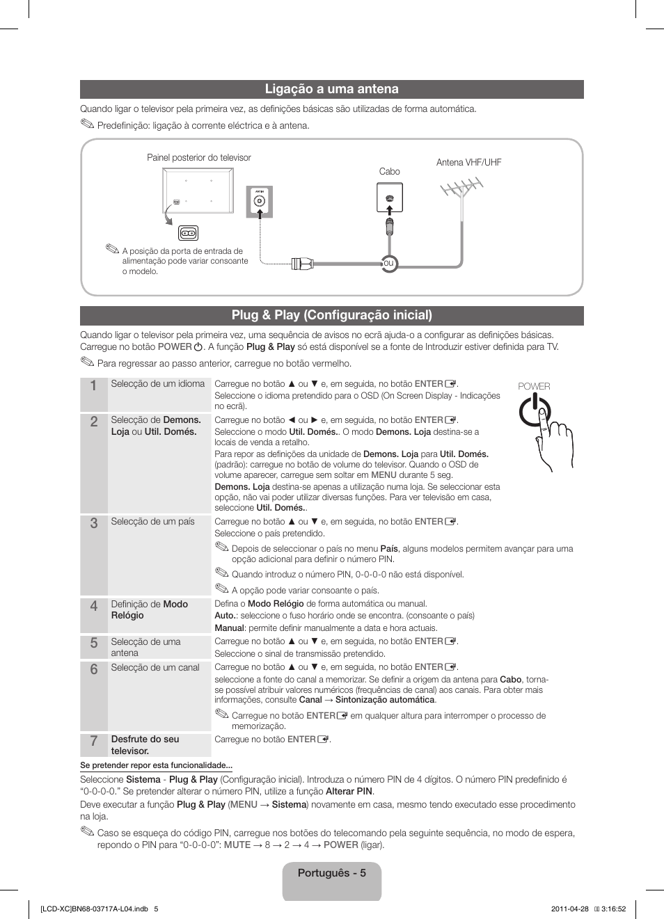 Ligação a uma antena, Plug & play (configuração inicial) | Samsung LE32D400E1W User Manual | Page 47 / 57