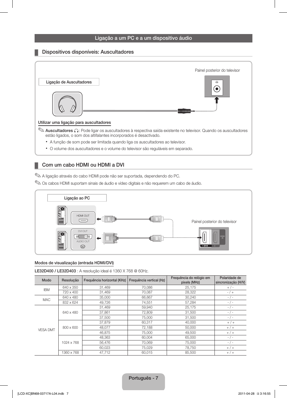 Com um cabo hdmi ou hdmi a dvi | Samsung LE32D400E1W User Manual | Page 49 / 57