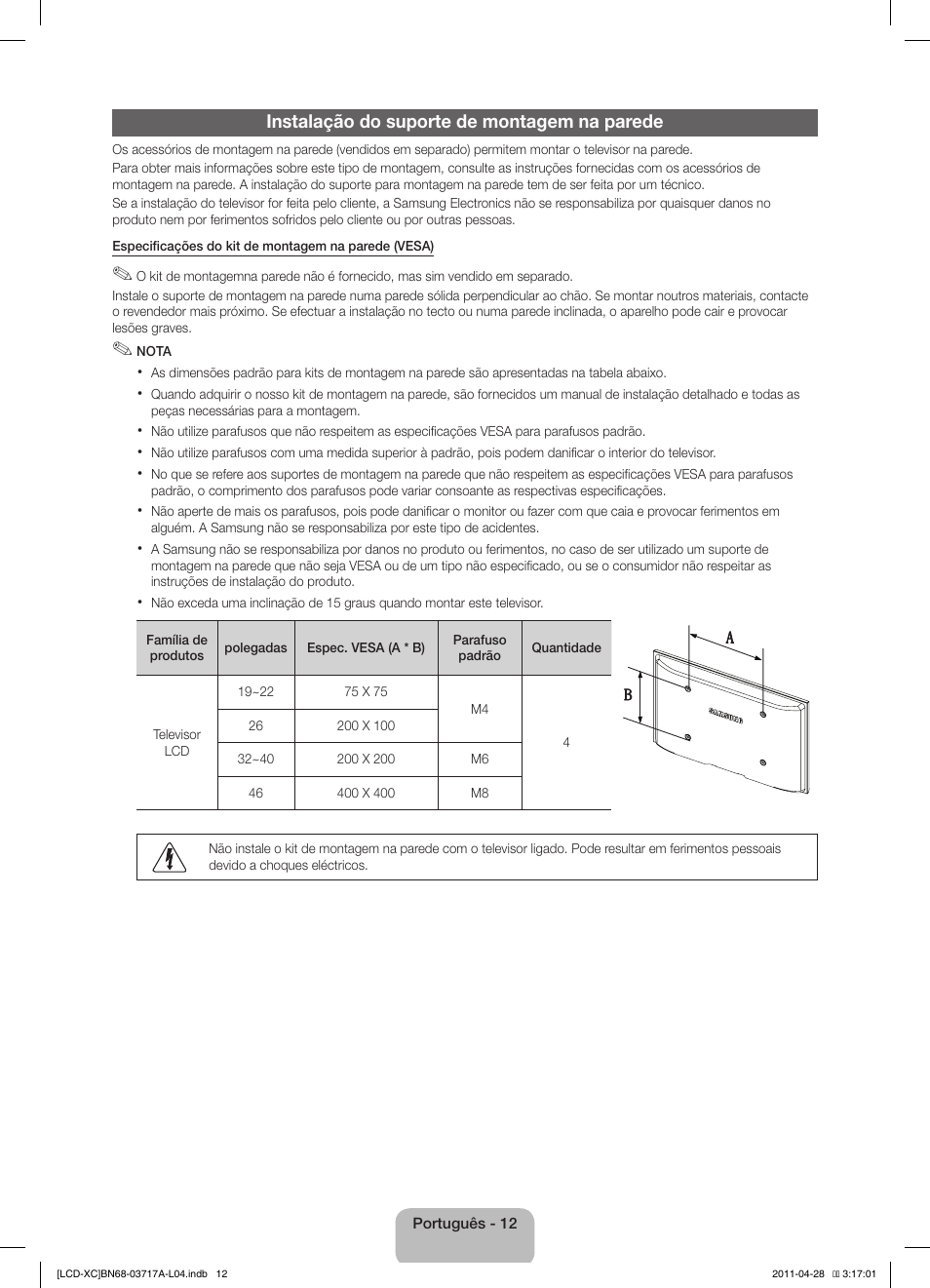 Instalação do suporte de montagem na parede | Samsung LE32D400E1W User Manual | Page 54 / 57