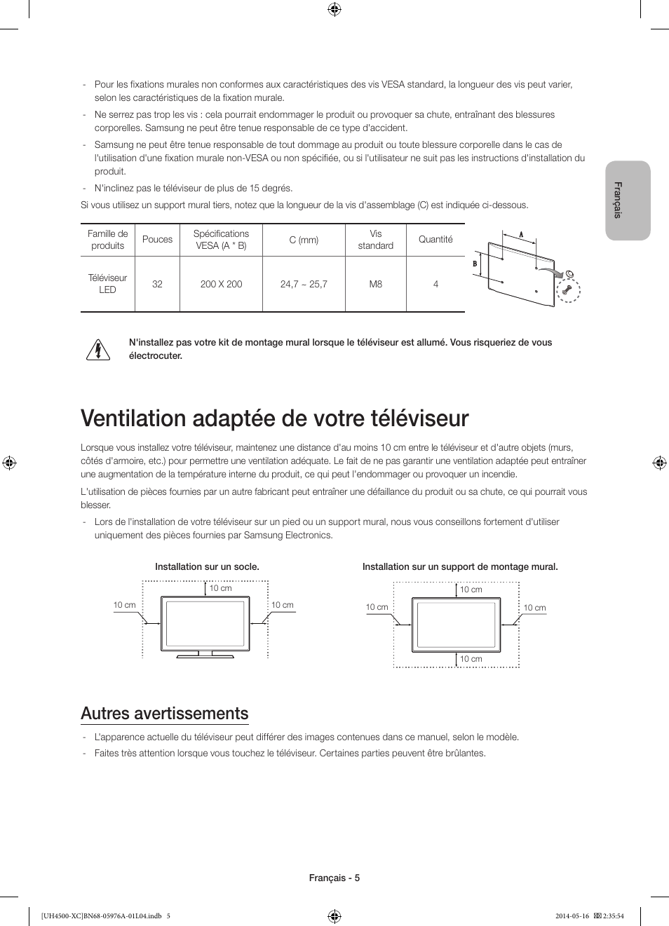 Ventilation adaptée de votre téléviseur, Autres avertissements | Samsung UE32H4500AW User Manual | Page 23 / 73