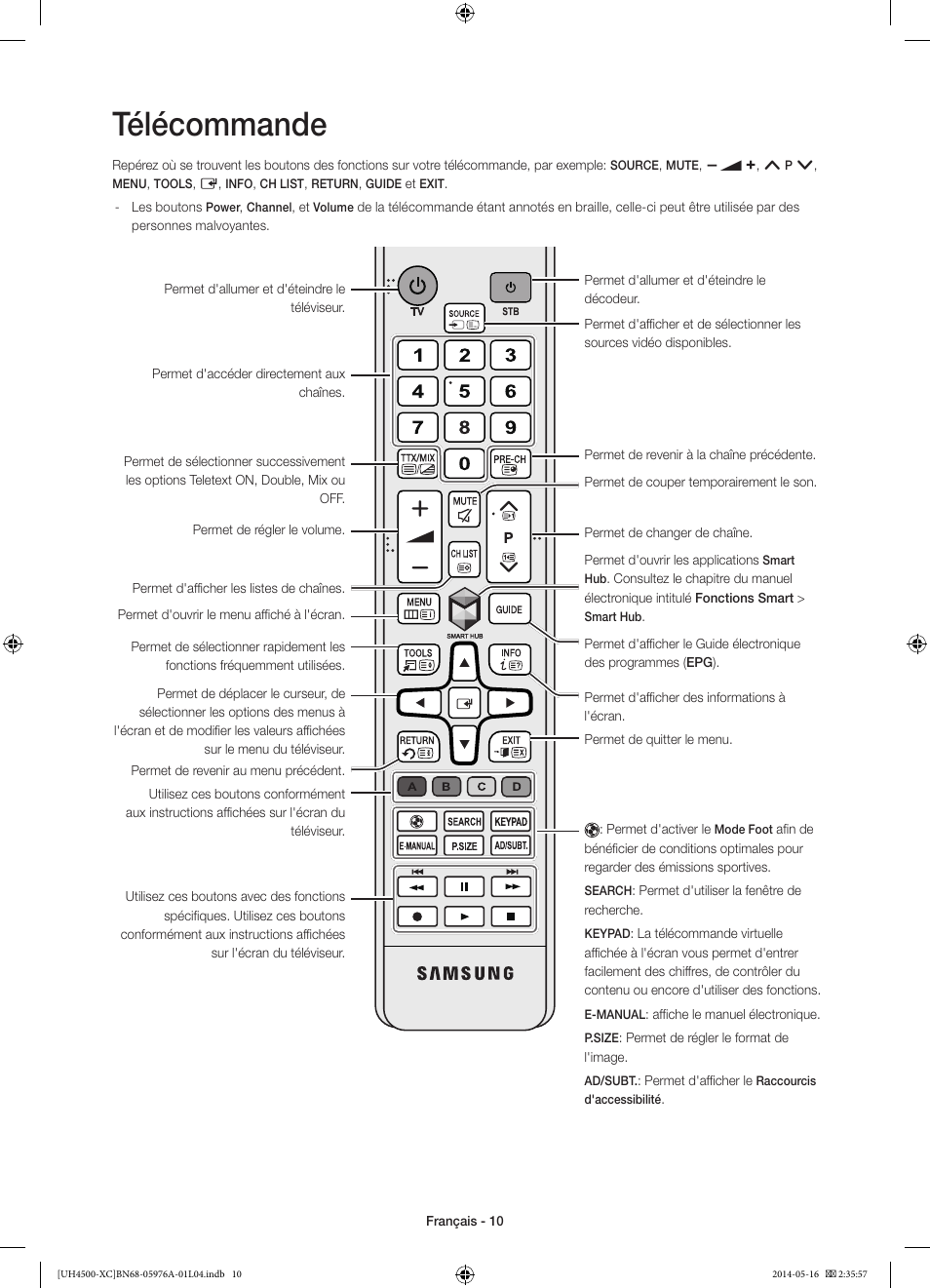 Télécommande | Samsung UE32H4500AW User Manual | Page 28 / 73