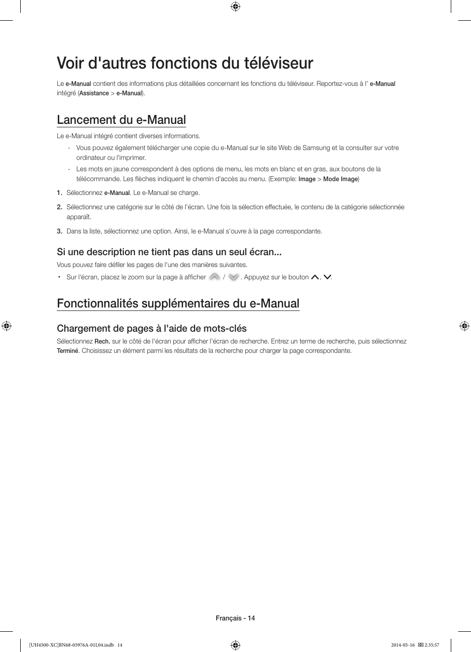 Voir d'autres fonctions du téléviseur, Lancement du e-manual, Fonctionnalités supplémentaires du e-manual | Si une description ne tient pas dans un seul écran, Chargement de pages à l'aide de mots-clés | Samsung UE32H4500AW User Manual | Page 32 / 73