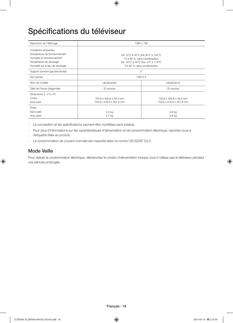 Spécifications du téléviseur, Mode veille | Samsung UE32H4500AW User Manual | Page 36 / 73