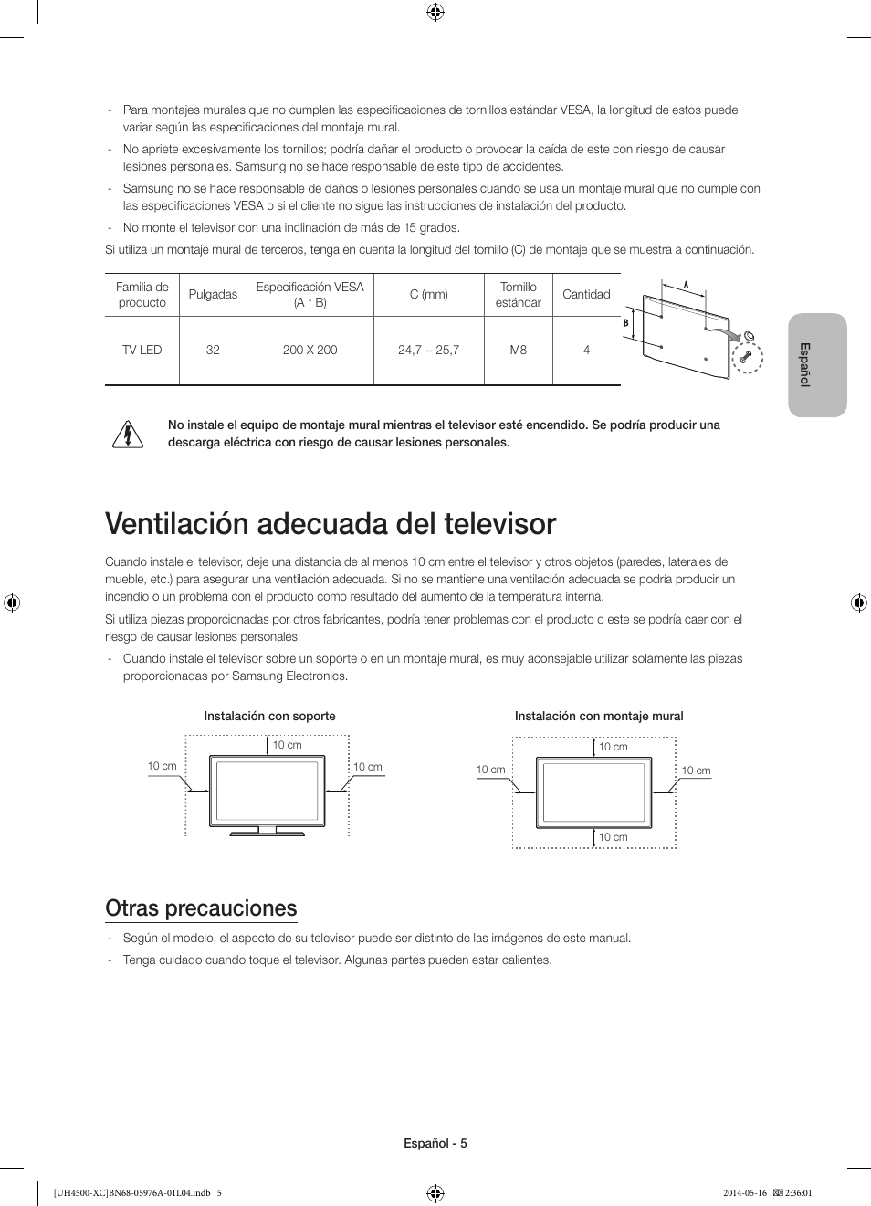Ventilación adecuada del televisor, Otras precauciones | Samsung UE32H4500AW User Manual | Page 41 / 73