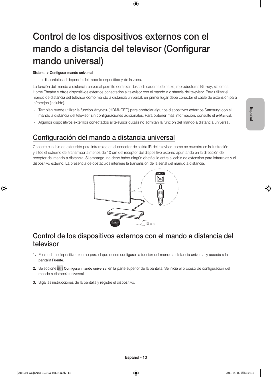 Configuración del mando a distancia universal | Samsung UE32H4500AW User Manual | Page 49 / 73