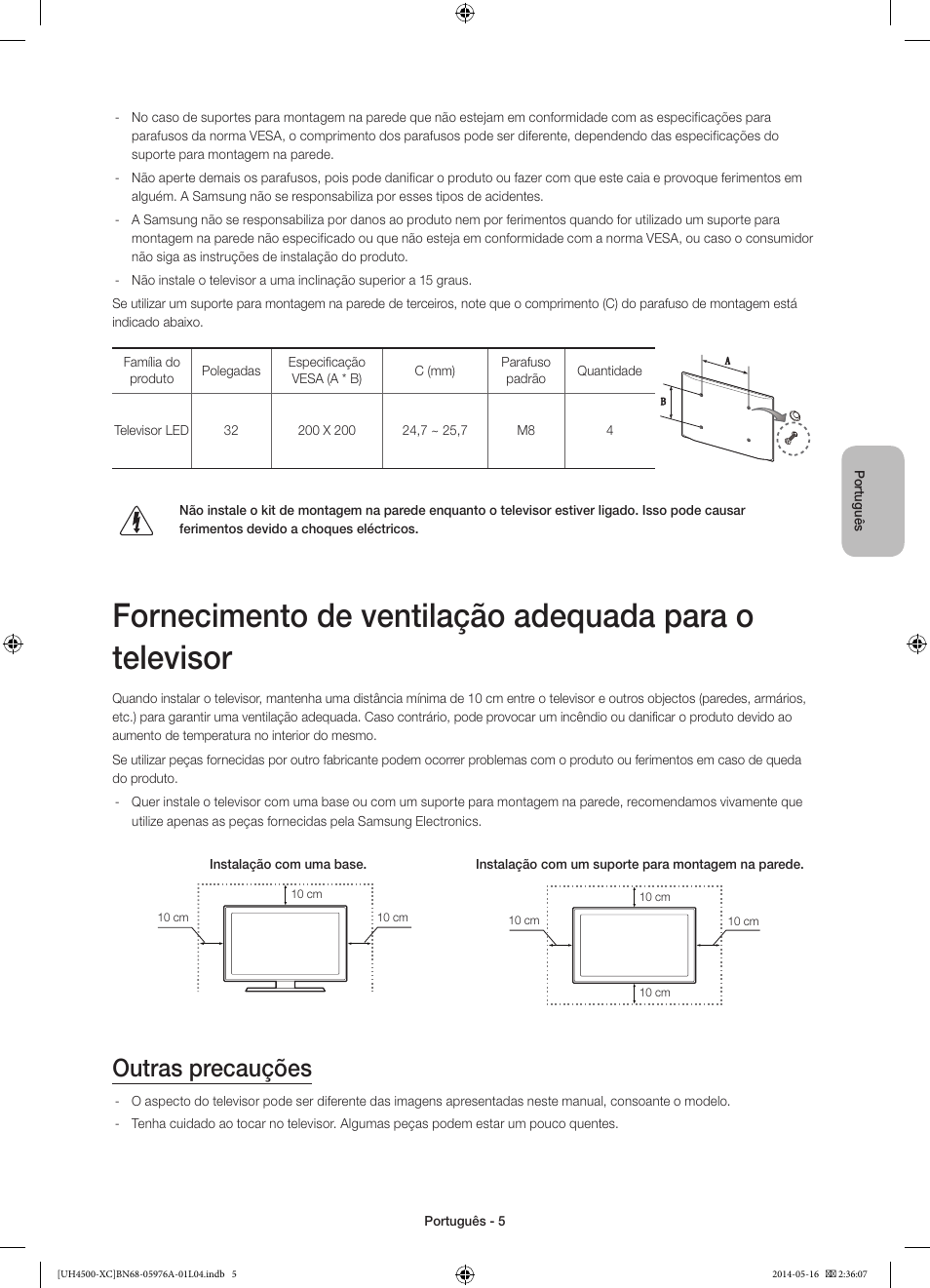 Outras precauções | Samsung UE32H4500AW User Manual | Page 59 / 73